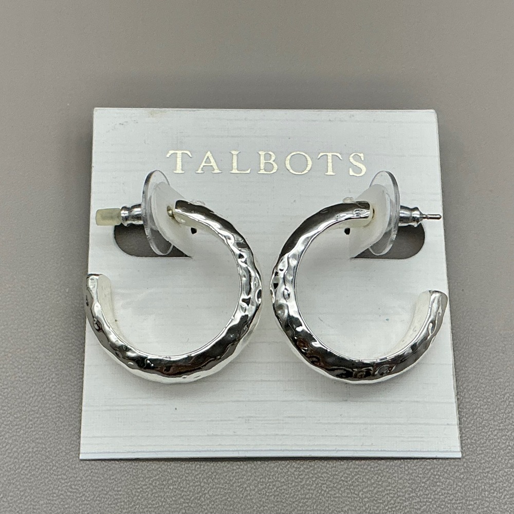 Talbots Earrings Women Silver Hammered Textured C-Hoop Post Back Fashion Jewelry